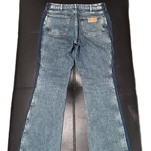 Wrangler High Rise Bootcut Denim Jeans w/ Navy Stripes on Side